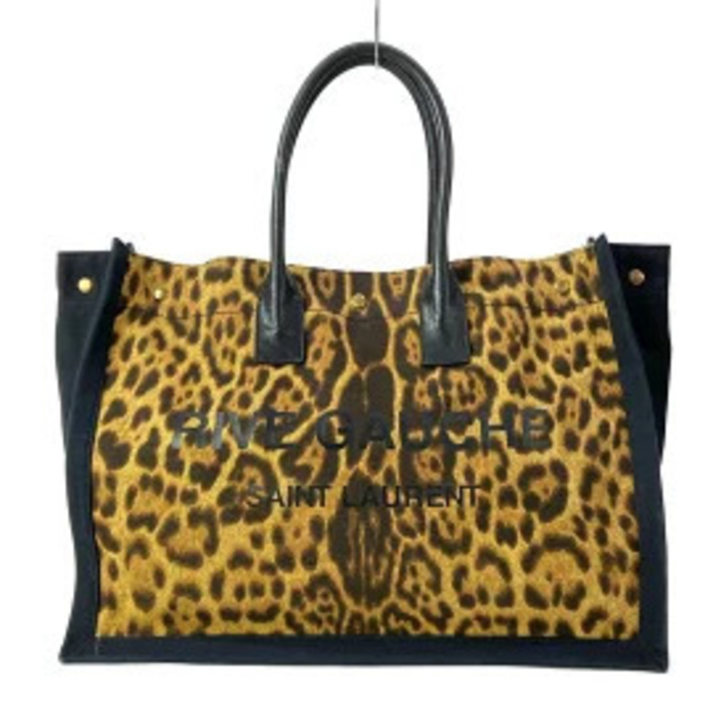SAINT LAURENT PARIS Rive Gauche Tote Bag Leopard Brown Black Leather